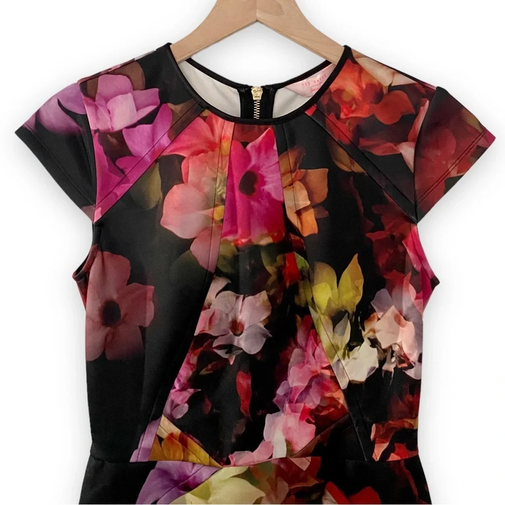 Ted Baker Pink Embla Cascading Floral Skater Dress Ted Size 1 Black Cap Sleeve - Picture 4 of 14